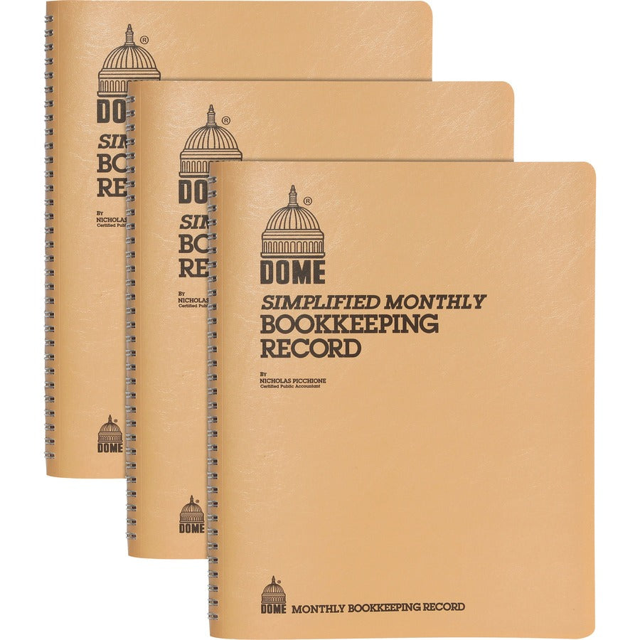 Dome Bookkeeping Record Book - 128 Sheet(s) - Wire Bound - 8.75" x 11.25" Sheet Size - White Sheet(s) - Beige Cover - 3 / Bundle