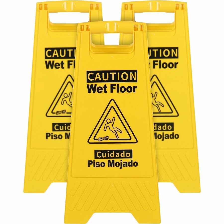 Genuine Joe Universal Graphic Wet Floor Sign - Print/Message "Wet Floor" - Foldable - Yellow - 3 / Bundle