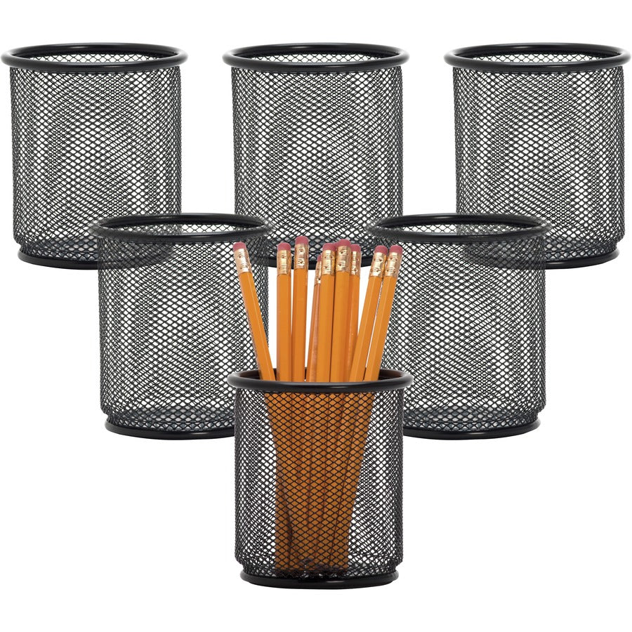 Lorell Mesh Wire Pencil Cup Holders - 3.5" Height x 3.9" Width - Steel - Black - 6 / Box
