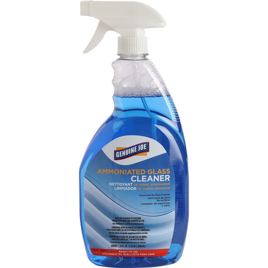Genuine Joe Ammoniated Glass Cleaner - For Hard Surface, Multipurpose - Ready-To-Use - Spray, Liquid - 32 fl oz (1 quart) - Recommended For: Grease Remover, Smoke Film Remover, Smudge Remover - Lint-free, Heavy Duty, Easy to Use - Blue - 1 Each