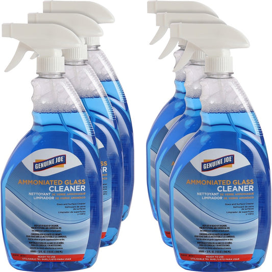 Genuine Joe Ammoniated Glass Cleaner - For Hard Surface, Multipurpose - Ready-To-Use - Spray - 32 fl oz (1 quart) - Recommended For: Grease Remover, Smoke Film Remover, Smudge Remover - Blue - 6 / Carton