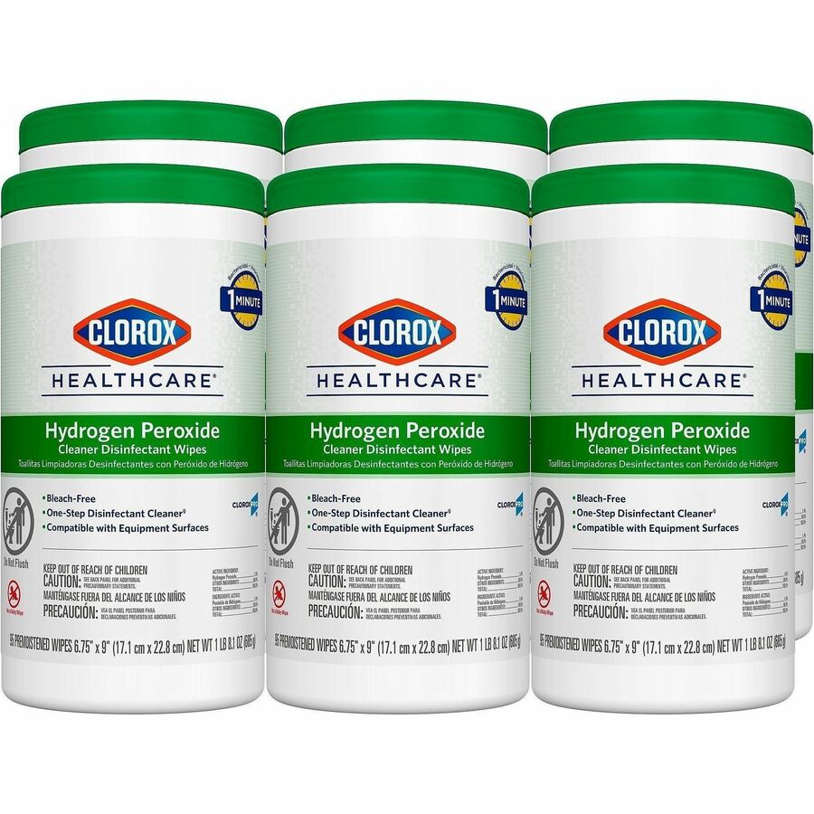 Clorox Healthcare Hydrogen Peroxide Cleaner Disinfectant Wipes - 9" Length x 6.75" Width - Recommended For: Soap Scum Remover - Pre-moistened, Disinfectant, Deodorize, Anti-bacterial - White - 95/Tub - 6 / Carton