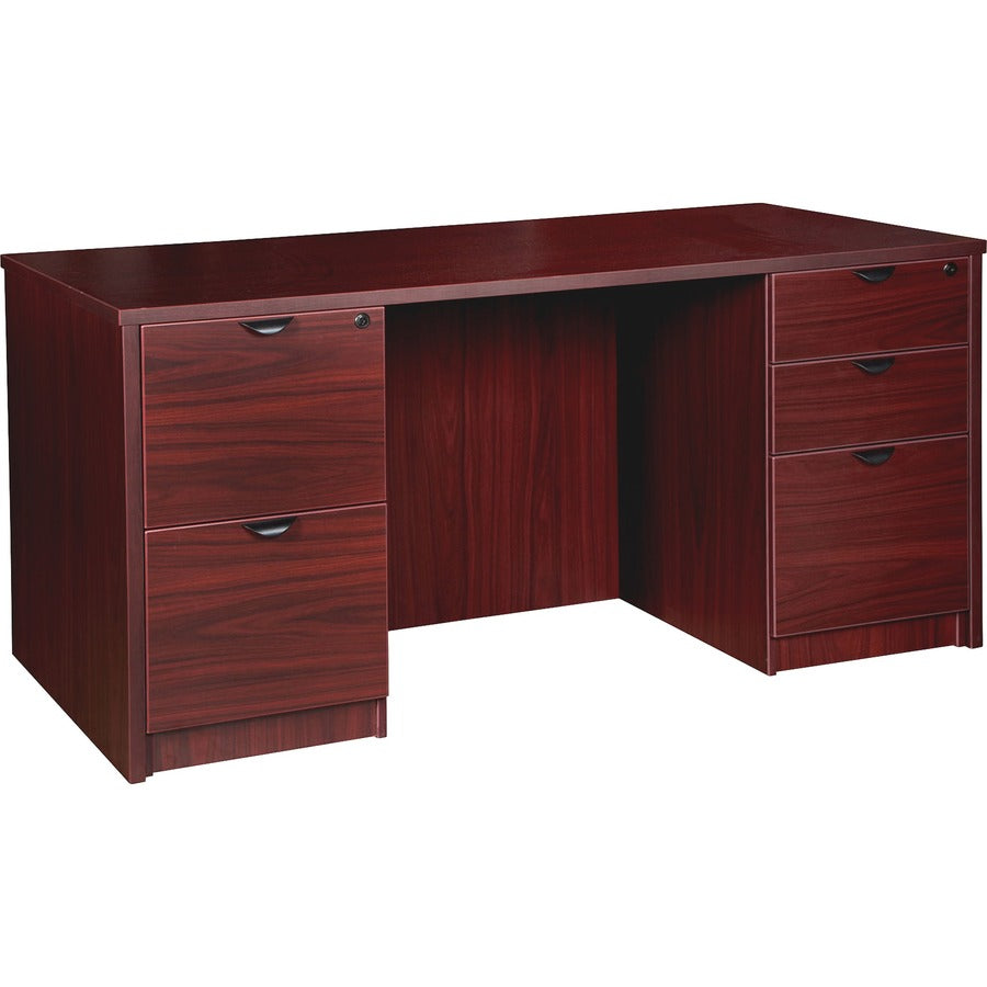 Lorell Prominence 2.0 Double-Pedestal Desk - 1" Thickness Top, 29" Height x 60" Width x 30" Depth - Total Drawer(s): 5 - Double Pedestal on Left/Right Side - Band Edge - Material: Particleboard - Finish: Mahogany Laminate, Thermofused Melamine (TFM)...