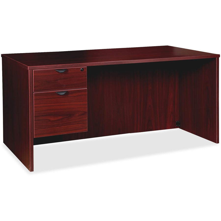 Lorell Prominence 2.0 3/4 Left-Pedestal Desk - 1" Thickness Top, 29" Height x 66" Width x 30" Depth - Total Drawer(s): 2 - Single Pedestal on Left Side - Band Edge - Material: Particleboard - Finish: Mahogany Laminate, Thermofused Melamine (TFM) - Dura...