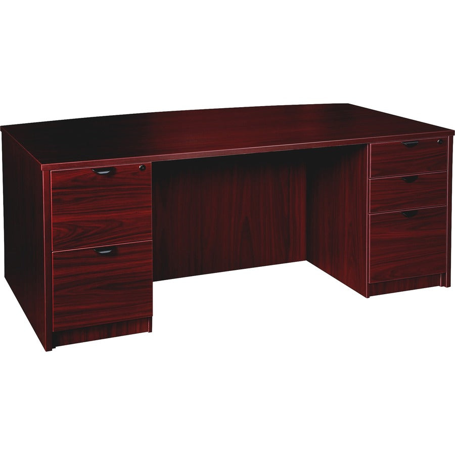 Lorell Prominence 2.0 Bowfront Double-Pedestal Desk - 1" Thickness Top, 29" Height x 72" Width x 42" Depth - Total Drawer(s): 5 - Double Pedestal - Band Edge - Material: Particleboard - Finish: Mahogany Laminate, Thermofused Melamine (TFM) - Durable, A...