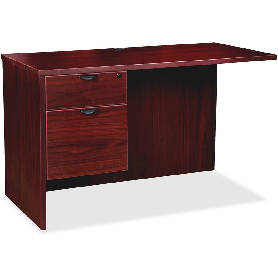 Lorell Prominence 2.0 Left Return - 29" Height x 42" Width x 24" Depth, 1" Thickness Top - Total Drawer(s): 2 - Single Pedestal on Left Side - Band Edge - Material: Particleboard - Finish: Mahogany Laminate, Thermofused Melamine (TFM) - 1 Each