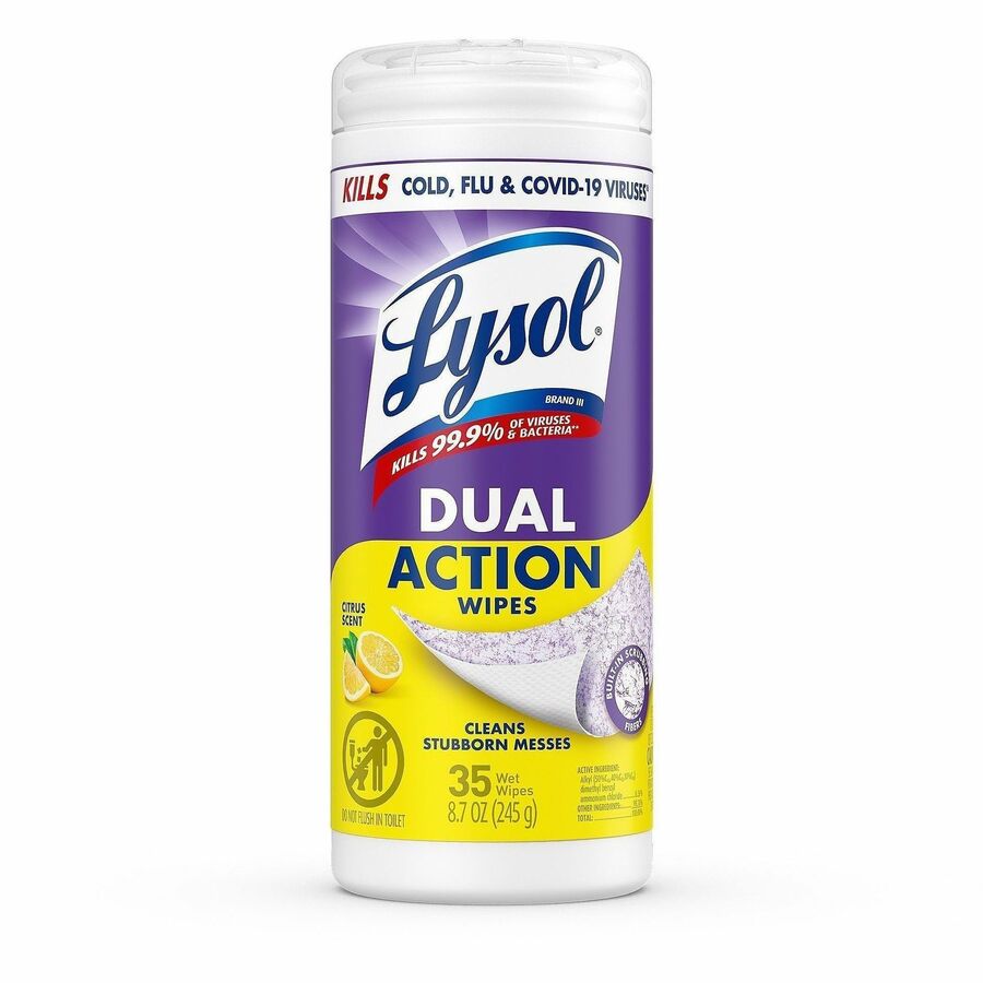 Lysol Dual Action Wipes - For Multi Surface - Citrus Scent - Recommended For: Stain Remover - White/Purple - 35/Tub - 1 Each