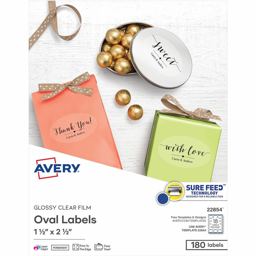 Avery&reg, Sure Feed Glossy Labels - 1 1/2" Width x 2 1/2" Length - Permanent Adhesive - Oval - Laser, Inkjet - Crystal Clear - Film - 18 / Sheet - 10 Total Sheets - 180 Total Label(s) - 1 Pack