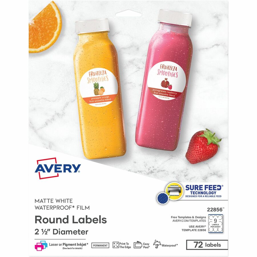 Avery&reg, Waterproof Round Labels, 2.5" Diameter, White, 72ct (22856) - Waterproof - x 2 1/2" Diameter - Permanent Adhesive - Round - Inkjet, Laser - Matte - White - Film - 9 / Sheet - 8 Total Sheets - 72 Total Label(s) - For Label Printer - 72 / Pack