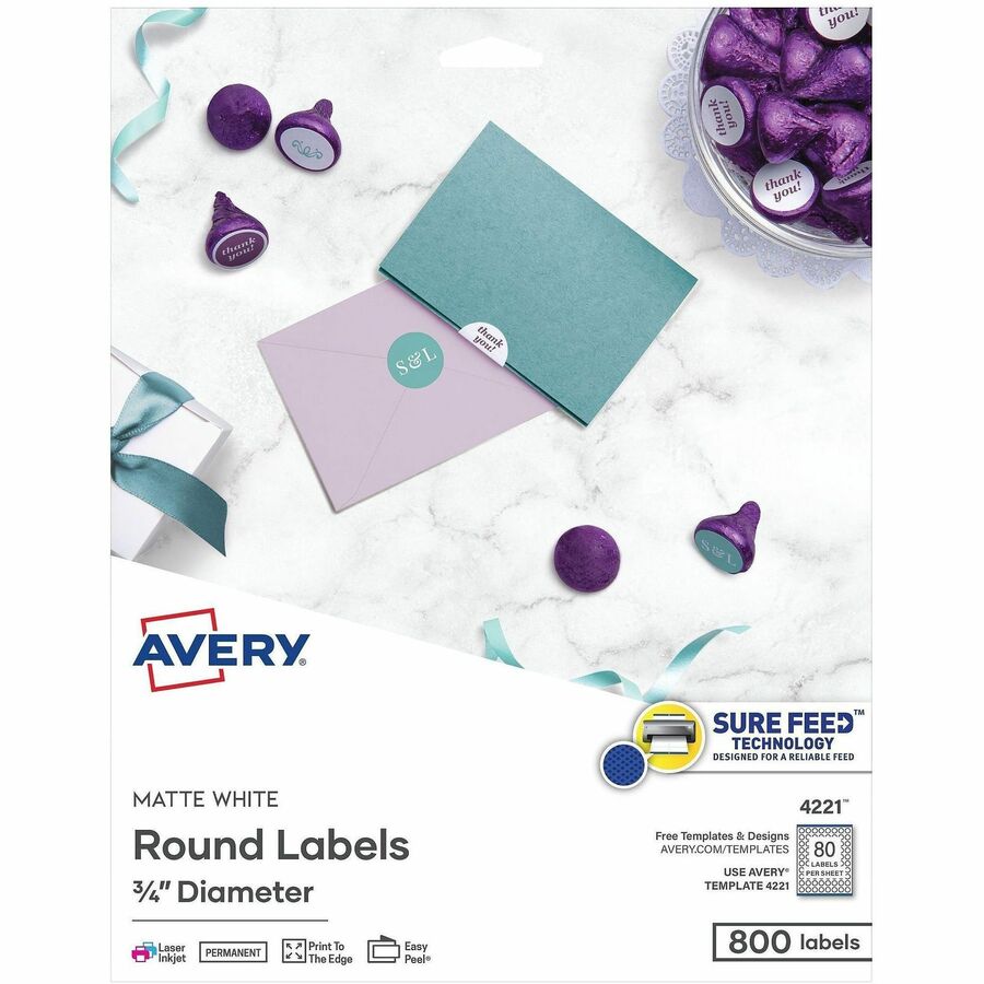 Avery&reg, Printable Round Labels, 3/4" , Matte White, 800 Labels (4221) - x 3/4" Diameter - Permanent Adhesive - Round - Inkjet, Laser - Matte - White - Paper - 80 / Sheet - 10 Total Sheets - 800 Total Label(s) - For Label Printer - 800 / Pack