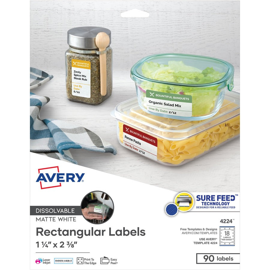Avery&reg, Dissolvable Rectangle Labels - 1 1/4" Width x 2 3/8" Length - Rectangle - Laser, Inkjet - White - Paper - 18 / Sheet - 5 Total Sheets - 90 Total Label(s) - 1 Pack