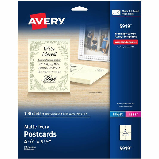 Avery, Postcards, Ivory, Two-Sided, 4-1/4" x 5-1/2" , 100 Cards (5919) - 79 Brightness - 4 1/4" x 5 1/2" - 80 lb Basis Weight - 216 g/m², Grammage - Matte - Rounded Corner, Sturdy, Double-sided, Printable, Uncoated, Perforated - Ivory - 1 Box