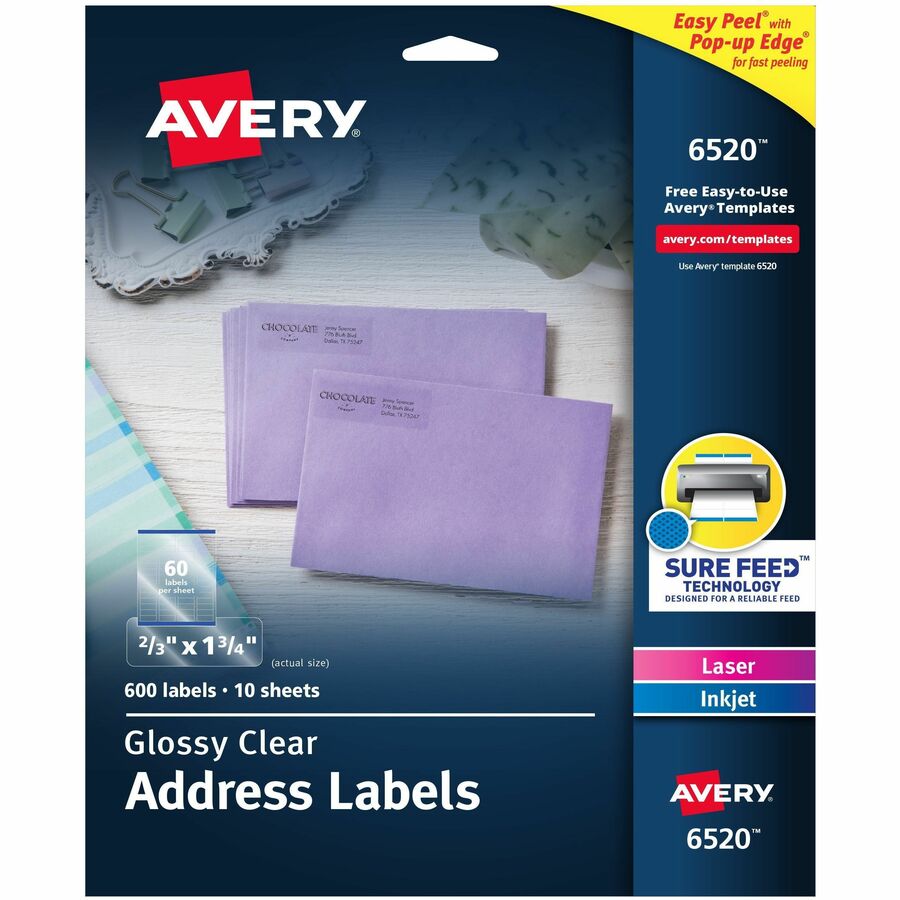 Avery&reg, Easy Peel High Gloss Clear Mailing Labels - 2/3" Width x 1 3/4" Length - Permanent Adhesive - Rectangle - Inkjet, Laser - Glossy - Clear - Film - 60 / Sheet - 10 Total Sheets - 600 Total Label(s) - 600 / Pack