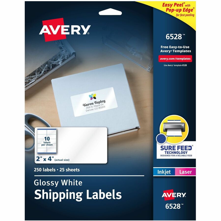 Avery&reg, Shipping Labels, Glossy White, 2" x 4" , 250 Total (6528) - x 2" Width x 4" Length - Permanent Adhesive - Rectangle - Inkjet, Laser - Glossy - White - Paper - 10 / Sheet - 25 Total Sheets - 250 Total Label(s) - For Label Printer - 250 / Pack