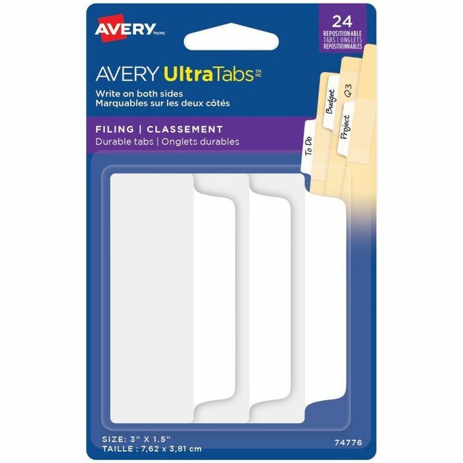 Avery&reg, UltraTabs Filing Tabs - 24 Write-on Tab(s) - 3" Tab Height x 1.50" Tab Width - Removable, Self-adhesive - White Paper Tab(s) - Repositionable, Double-sided, Durable, Smudge-free, Writable - 1 Pack