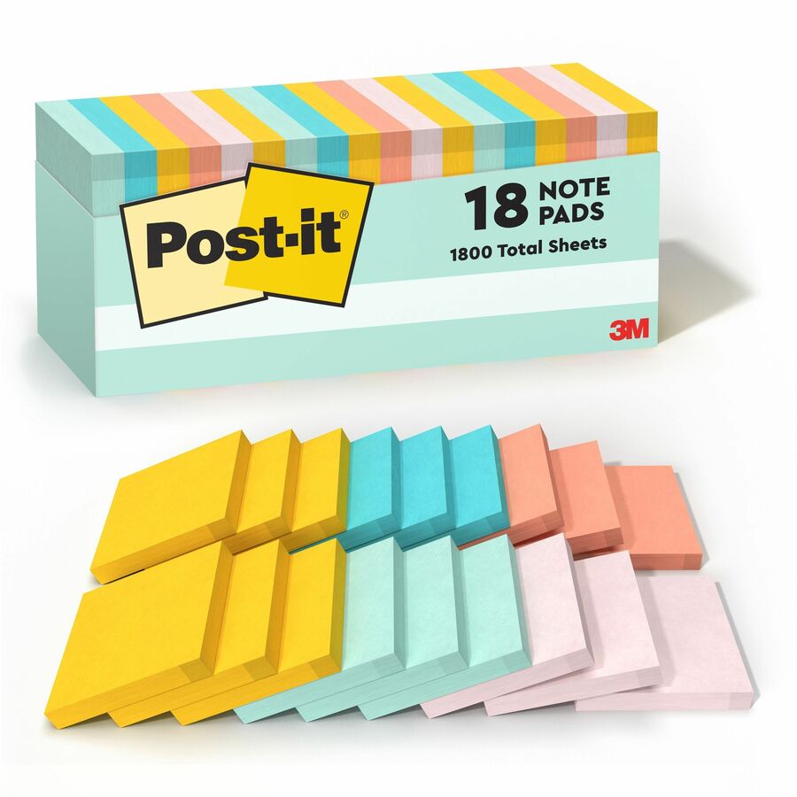 Post-it&reg, Notes Cabinet Pack - 3" Flag/Note Width x 3" Flag/Note Length - Square - 100 Sheets per Pad - Unruled - Fresh Mint, Aqua Splash, Sunnyside, Papaya Fizz, Guava - Self-adhesive, Self-stick - 18 / Pack