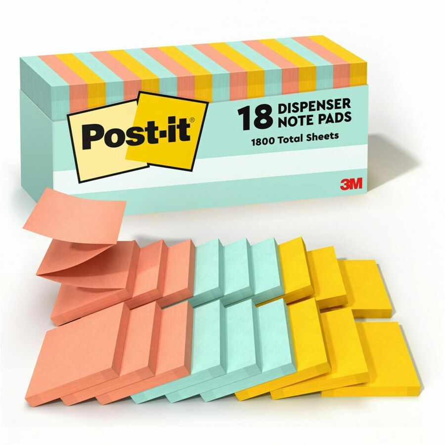 Post-it&reg, Dispenser Notes - Beachside Caf&eacute, Color Collection - 3" Flag/Note Width x 3" Flag/Note Length - Rectangle - Fresh Mint, Sunnyside, Papaya Fizz - 18 / Pack