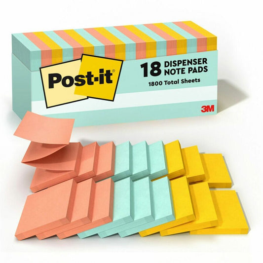 Post-it, Dispenser Notes - Beachside Café, Color Collection - 3" Flag/Note Width x 3" Flag/Note Length - Rectangle - Fresh Mint, Sunnyside, Papaya Fizz - 18 / Pack