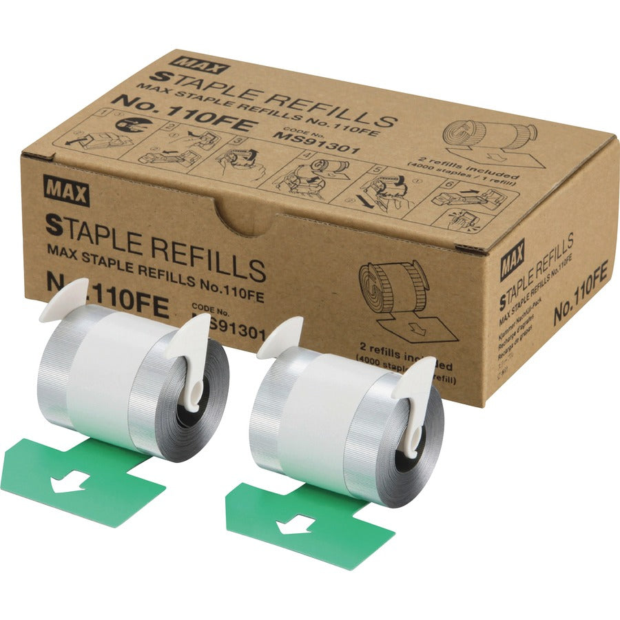 MAX 110Fe Staple Refill - 9/16" Leg - Holds 100 Sheet(s) - for Paper - Silver - 4000 Per Cartridge - 1 Box