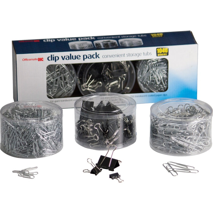 Officemate Clip Value Pack - Jumbo - No. 2 - 13" Width - 10 Sheet Capacity - for Document, Paper - Smooth, Reusable, Storage Tub - Black, Silver - Metal - 1040 / Box