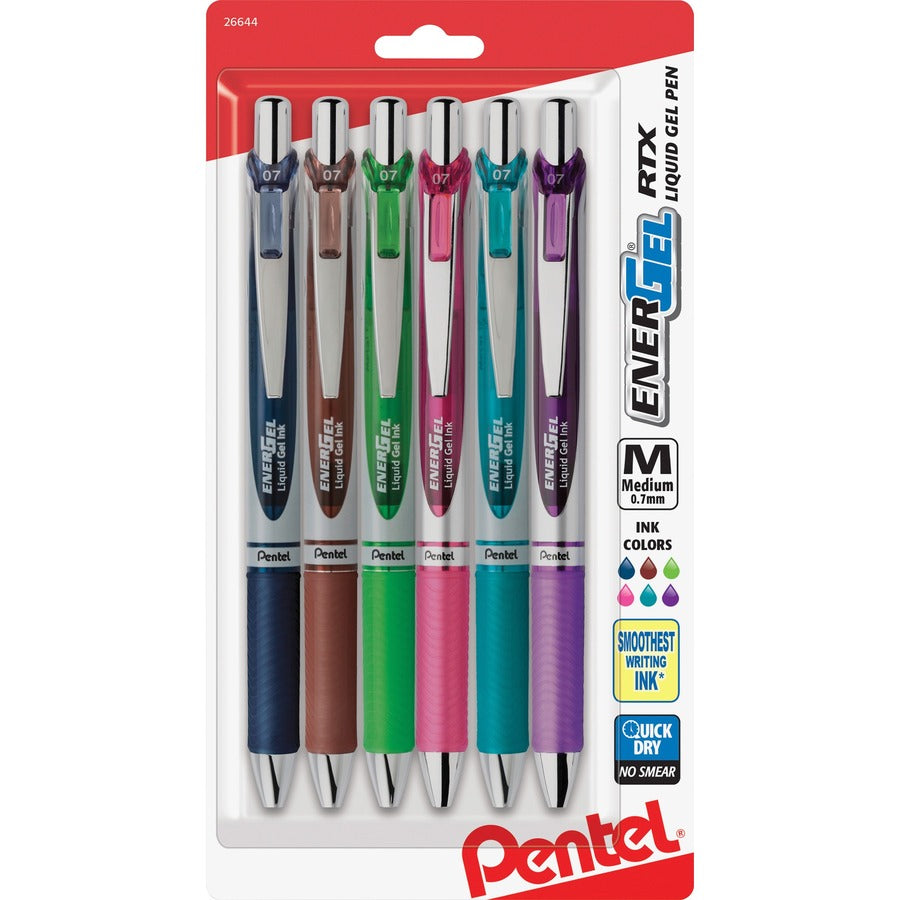 Pentel Liquid Steel Tip Gel Pens - Refillable - Retractable - Navy Blue, Lime Green, Brown, Pink, Violet, Turquoise Ink - Liquid Gel Ink - Navy Blue, Brown, Lime Green, Pink, Violet, Turquoise Barrel - Stainless Steel Tip - 6 / Pack
