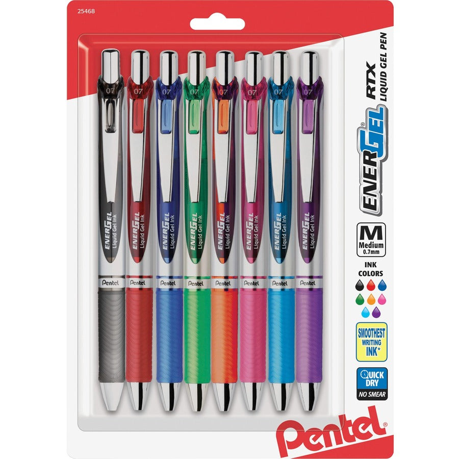 Pentel Liquid Steel Tip Gel Pens - Refillable - Retractable - Assorted Ink - Gel-based - Stainless Steel Tip - 8 / Pack