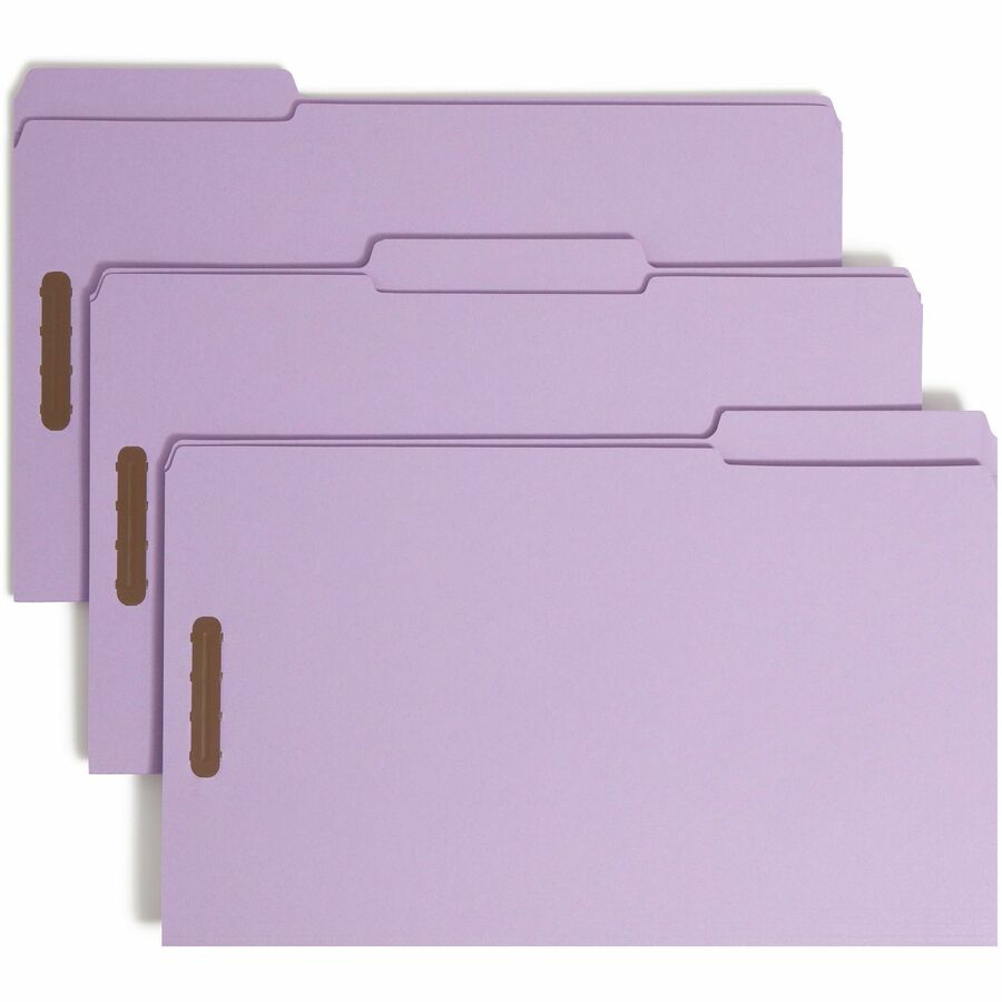 Smead 1/3 Tab Cut Legal Fastener Folder - 8 1/2" x 14" - 2 Fastener - Top Tab Location - Assorted Tab Position - Lavender - Reinforced Tab - 10% Recycled - 50 / Box