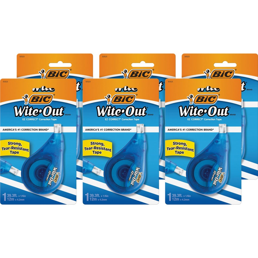 BIC EZ Correct Correction Tape - 0.20" Tape Width x 39.40 ft Tape Length - 1 Line(s) - White Tape - Ergonomic White Dispenser - Tear Resistant, Photo-safe, Odorless - White - 6 / Box