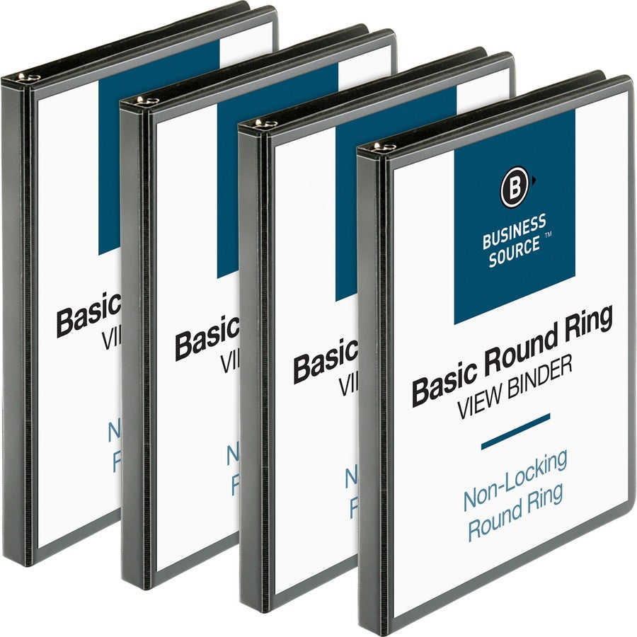Business Source Round-ring View Binder - 1/2" Binder Capacity - Letter - 8 1/2" x 11" Sheet Size - 125 Sheet Capacity - Fastener: Round Ring - Pocket: 2, Internal - Polypropylene - Black - Sturdy, Non-glare, Exposed Rivet, Durable, Gap-free Ring, Wrink...