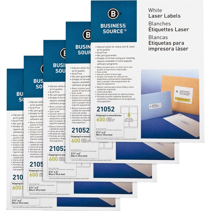 Business Source Bright White Premium-quality Address Labels - 3 1/3" Widthss x 4" Length - Permanent Adhesive - Rectangle - Laser, Inkjet - White - 6 / Sheet - 500 Total Sheets - 600/Pack - 5 / Carton