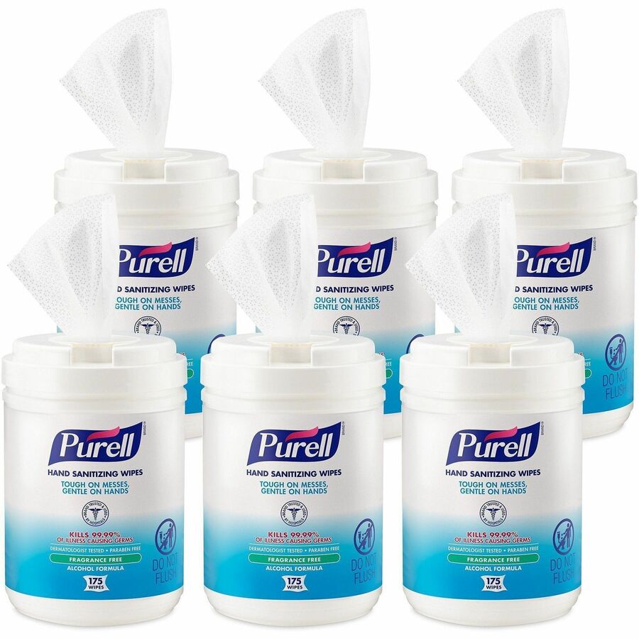 PURELL&reg, Alcohol Hand Sanitizing Wipes - 6" Width x 7" Length - White - 175/Tub - 6 / Carton