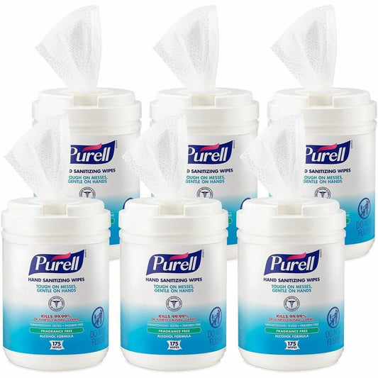 PURELL, Alcohol Hand Sanitizing Wipes - 6" Width x 7" Length - White - 175/Tub - 6 / Carton