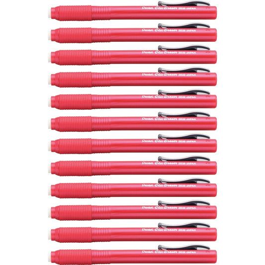 Pentel Rubber Grip Clic Eraser - Red Barrel - Pen - Refillable - 12 / Box - Retractable, Latex-free Grip, Pocket Clip, Ghost Resistant, Non-abrasive