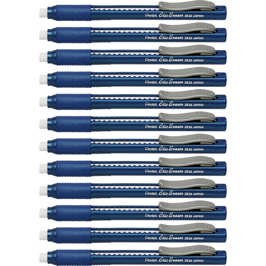 Pentel Rubber Grip Clic Eraser - Blue Barrel - Pen - Refillable - 12 / Box - Retractable, Latex-free Grip, Pocket Clip, Ghost Resistant, Non-abrasive