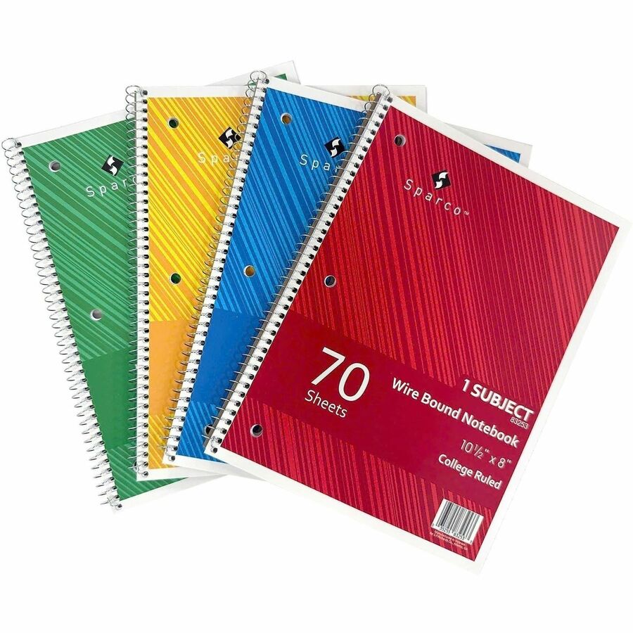 Sparco Wirebound Notebooks - 70 Sheets - Wire Bound - College Ruled Front Ruling - Unruled Margin - 16 lb Basis Weight - 8" x 10 1/2" Sheet Size - Assorted Chipboard Cover - Subject, Stiff-cover, Stiff-back, Perforated, Hole-punched - 5 / Bundle