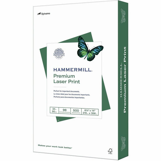 Hammermill Premium Laser Print Paper - White - 98 Brightness - Legal - 8 1/2" x 14" - 24 lb Basis Weight - Ultra Smooth - Sustainable Forestry Initiative (SFI) - White - 1 Ream