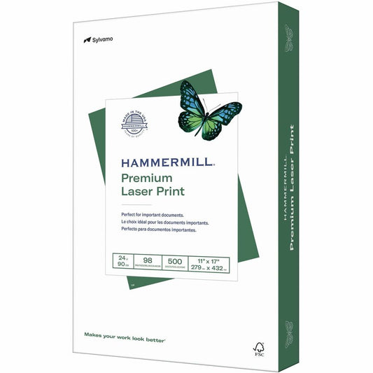 Hammermill Premium Laser Print Paper - White - 98 Brightness - Ledger/Tabloid - 11" x 17" - 24 lb Basis Weight - Ultra Smooth - Sustainable Forestry Initiative (SFI) - White - 1 Ream