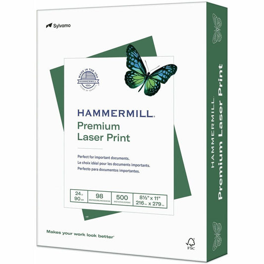 Hammermill Premium Laser Print Copy Paper - White - 98 Brightness - Letter - 8 1/2" x 11" - 24 lb Basis Weight - Ultra Smooth - Sustainable Forestry Initiative (SFI) - White - 500 / Ream