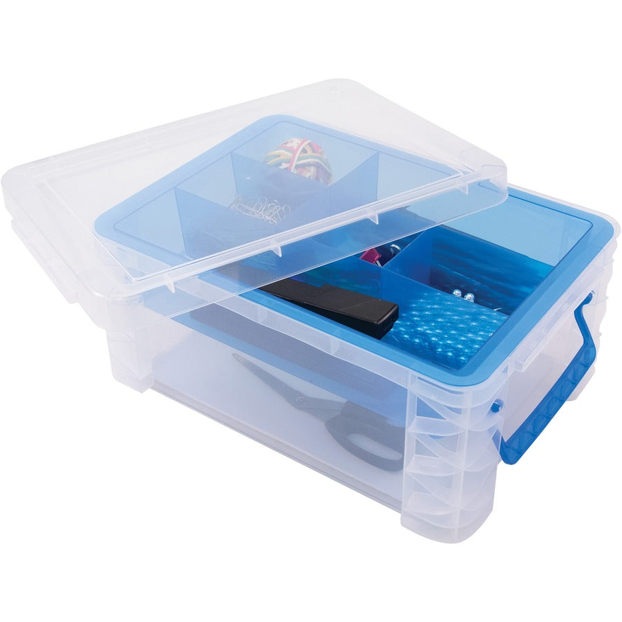 Super Stacker Divided Supply Box - External Dimensions: 14.3" Length x 10.3" Width x 6.5" Height - Lid Lock Closure - Stackable - Plastic - Clear, Blue - For Pen/Pencil, Paper Clip, Rubber Band - 1 Each