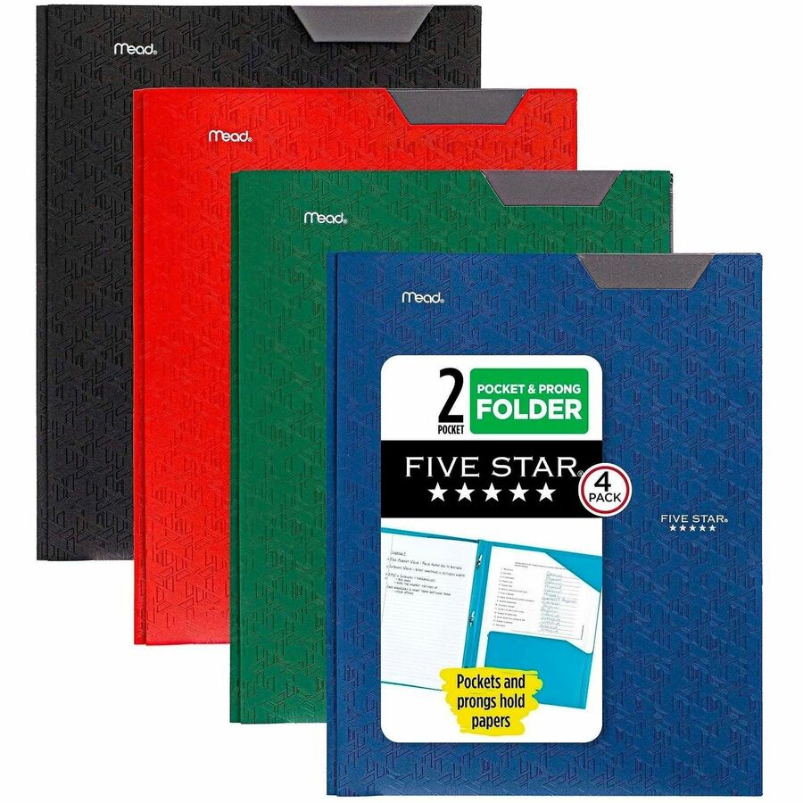 Mead Pocket Folder - 3 x Prong Fastener - 2 Pocket - Assorted - 4 / Pack
