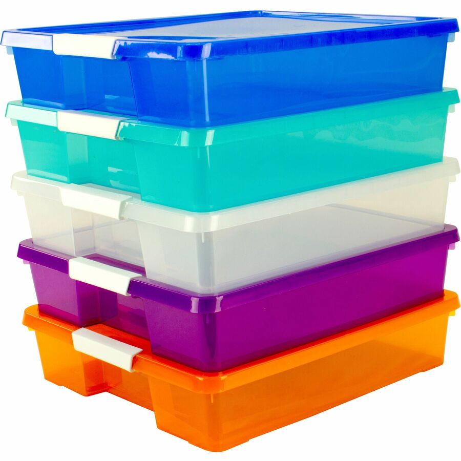 Storex Storage Case - External Dimensions: 14" Length x 14" Width x 3" Height - Latching Closure - Stackable - Assorted Bright - For Classroom Supplies, Paper, Decoration Equipment, Craft Supplies - 1 Carton