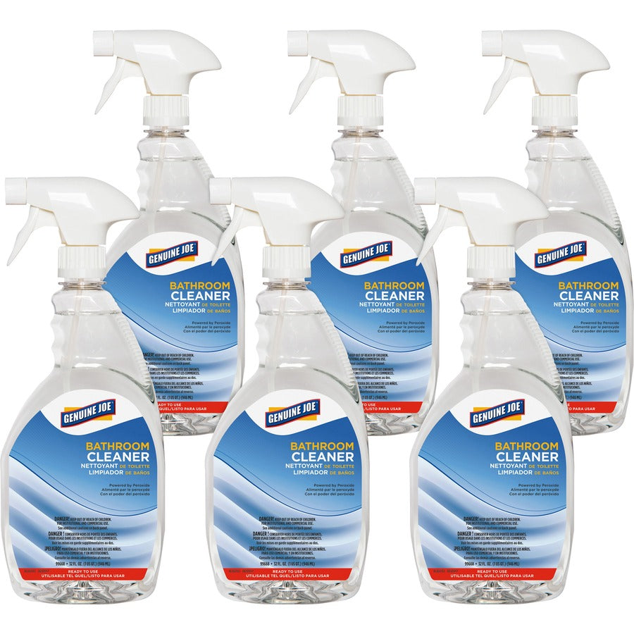 Genuine Joe Peroxide-Powered Bathroom Cleaner - Ready-To-Use - 32 fl oz (1 quart) - Recommended For: Soap Scum Remover - Clear - 6 / Carton