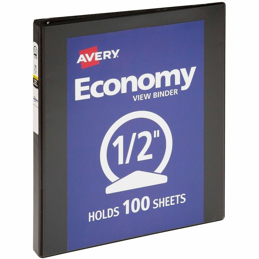 Avery&reg, Economy View Binder - 1/2" Binder Capacity - Letter - 8 1/2" x 11" Sheet Size - 100 Sheet Capacity - 3 Ring - Fastener: Round Ring - Pocket: 2, Internal - Vinyl, Chipboard - Black - 1 lb - Gap-free Ring, Exposed Rivet, Non Locking Mechanism...