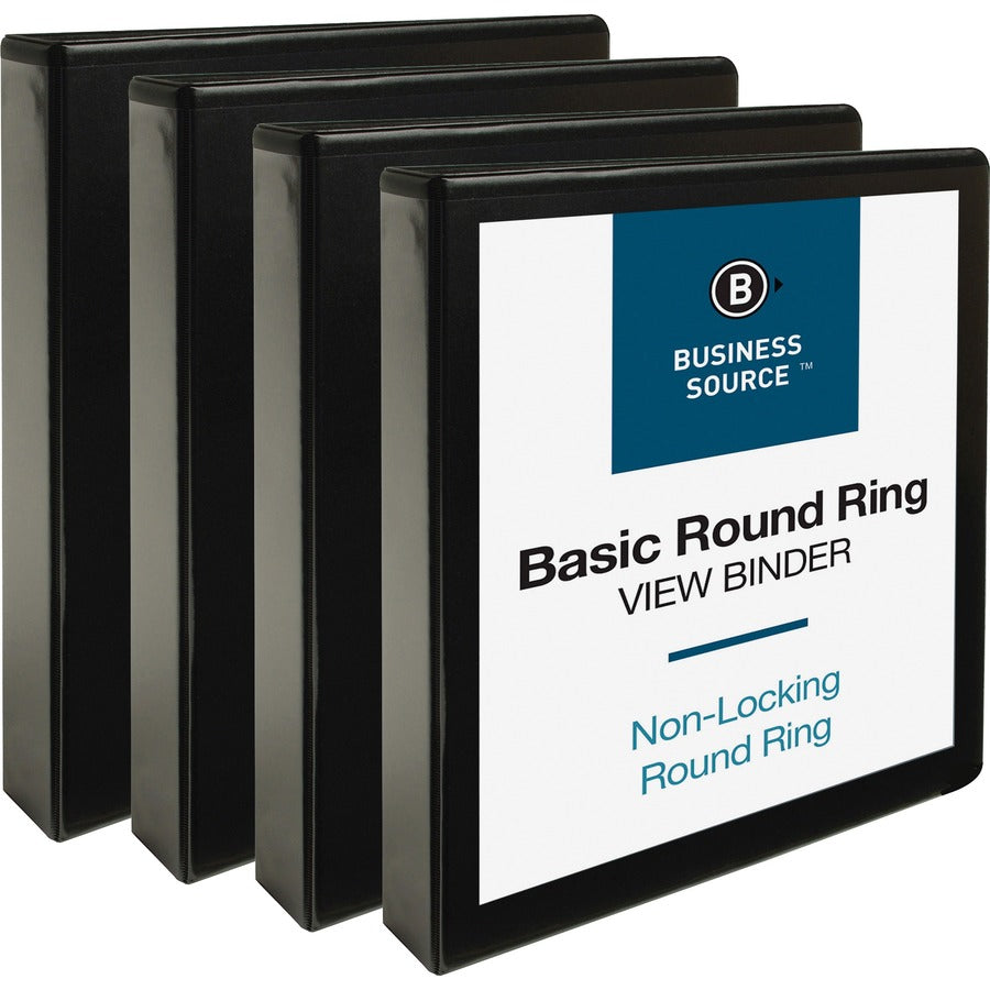 Business Source Round Ring View Binder - 1 1/2" Binder Capacity - Letter - 8 1/2" x 11" Sheet Size - 350 Sheet Capacity - Fastener: Round Ring - Pocket: 2, Internal - Chipboard, Polypropylene - Black - Wrinkle-free, Gap-free Ring, Clear Overlay, Non Lo...