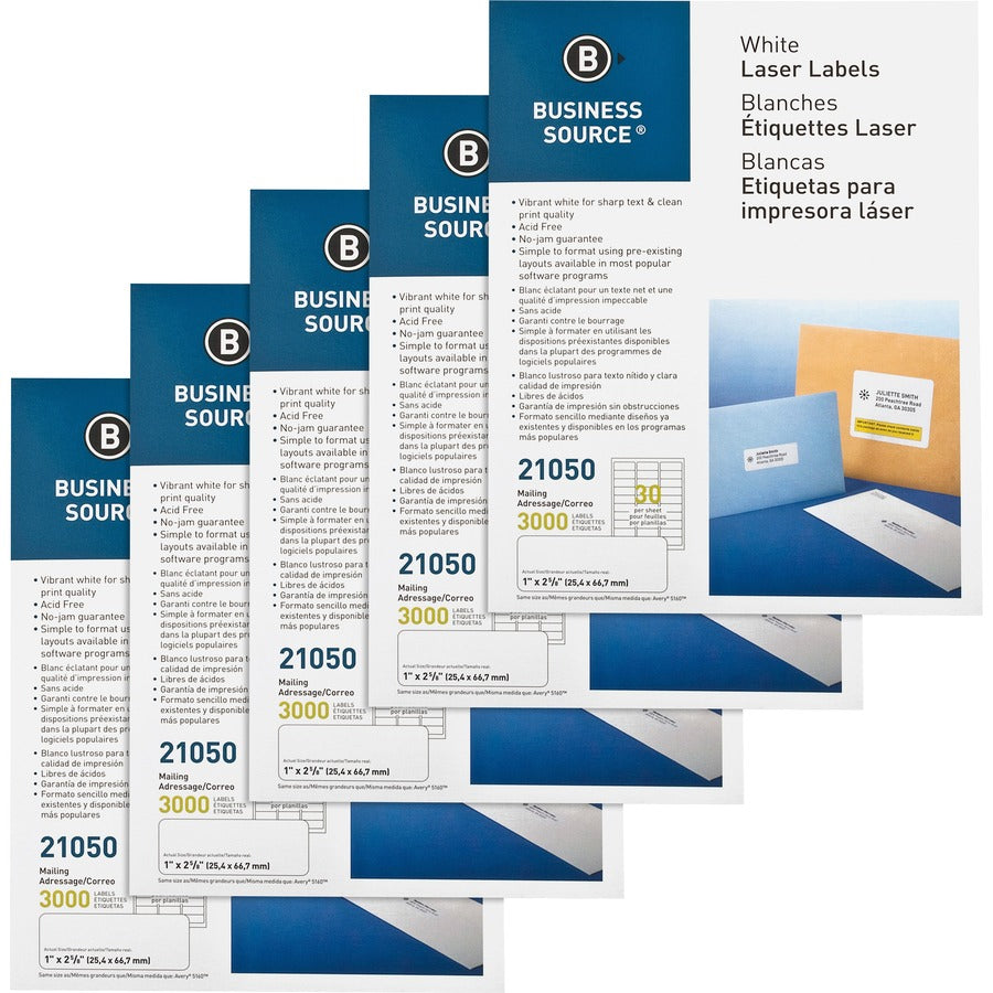 Business Source Bright White Premium-quality Address Labels - 1" Widthss x 2 5/8" Length - Permanent Adhesive - Rectangle - Laser, Inkjet - White - 30 / Sheet - 100 Total Sheets - 3000/Pack - 5 / Carton