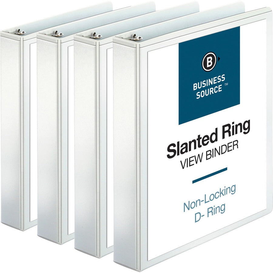 Business Source Basic D-Ring View Binders - 1 1/2" Binder Capacity - Letter - 8 1/2" x 11" Sheet Size - 375 Sheet Capacity - 3 Ring - Fastener: Slant D-Ring - Pocket: Internal - Chipboard, Polypropylene - White - 1.12 lb - Clear Overlay, Non-glare, Stu...