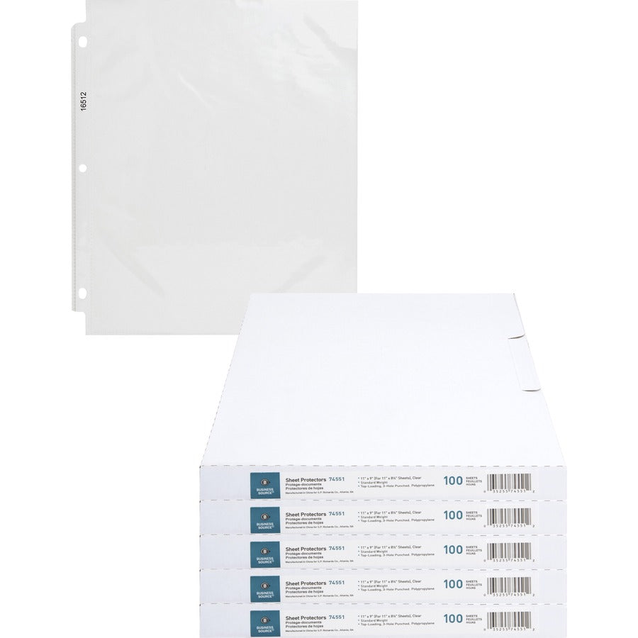 Business Source Poly Sheet Protectors - 11" Height x 9" Width - For Letter 8 1/2" x 11" Sheet - 3 x Holes - Ring Binder - Top Loading - Rectangular - Clear - Polypropylene - 100/Box - 5 / Carton