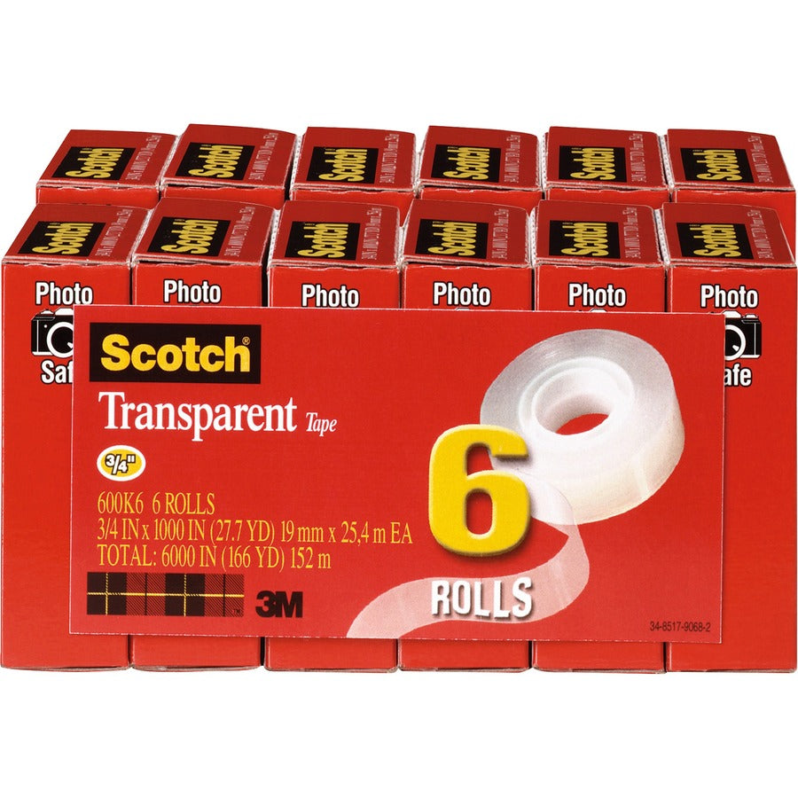 Scotch Transparent Tape - 3/4"W - 27.78 yd Length x 0.75" Width - 1" Core - Clear - Moisture Resistant, Stain Resistant, Long Lasting - For Mending, Packing, Multipurpose, Wrapping, Label Protection - 6/Pack - 2 / Bundle