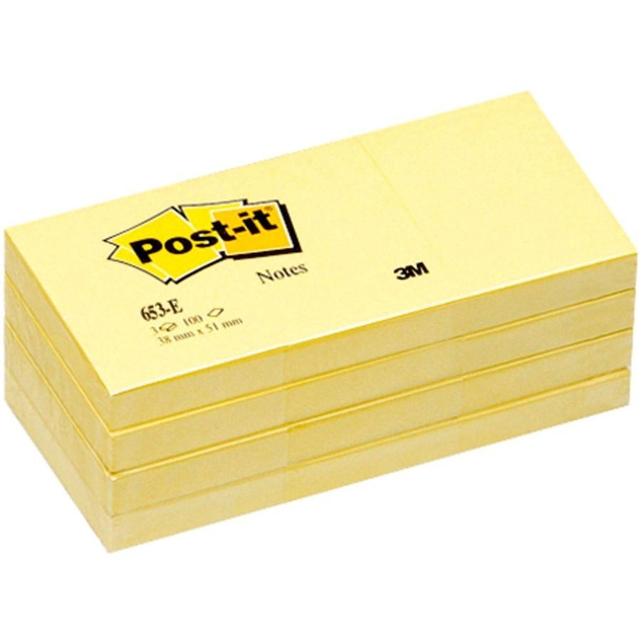 Post-it&reg, Notes Original Notepads - 1 3/8" Flag/Note Width x 1 7/8" Flag/Note Length - Rectangle - 100 Sheets per Pad - Unruled - Canary Yellow - Paper - Self-adhesive, Repositionable - 12/Pack - 2 / Bundle