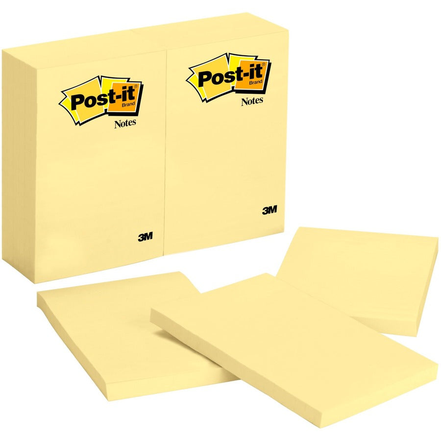 Post-it&reg, Notes Original Notepads - 4" Flag/Note Width x 6" Flag/Note Length - Rectangle - 100 Sheets per Pad - Unruled - Canary Yellow - Paper - Self-adhesive, Repositionable - 12/Pack - 2 / Bundle